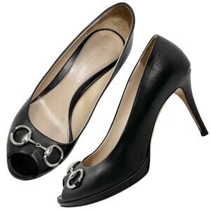 Gucci New Hollywood Black Leather Horsebit Peep Toe Pumps 40.5